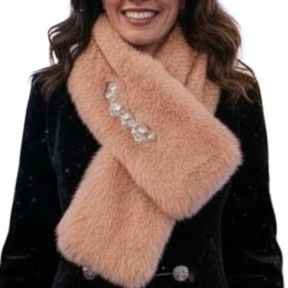 Accessories - B024  Peach Faux Fur Scarf Pearl Embellishment elegant feminine  Cozy Neck Wrap